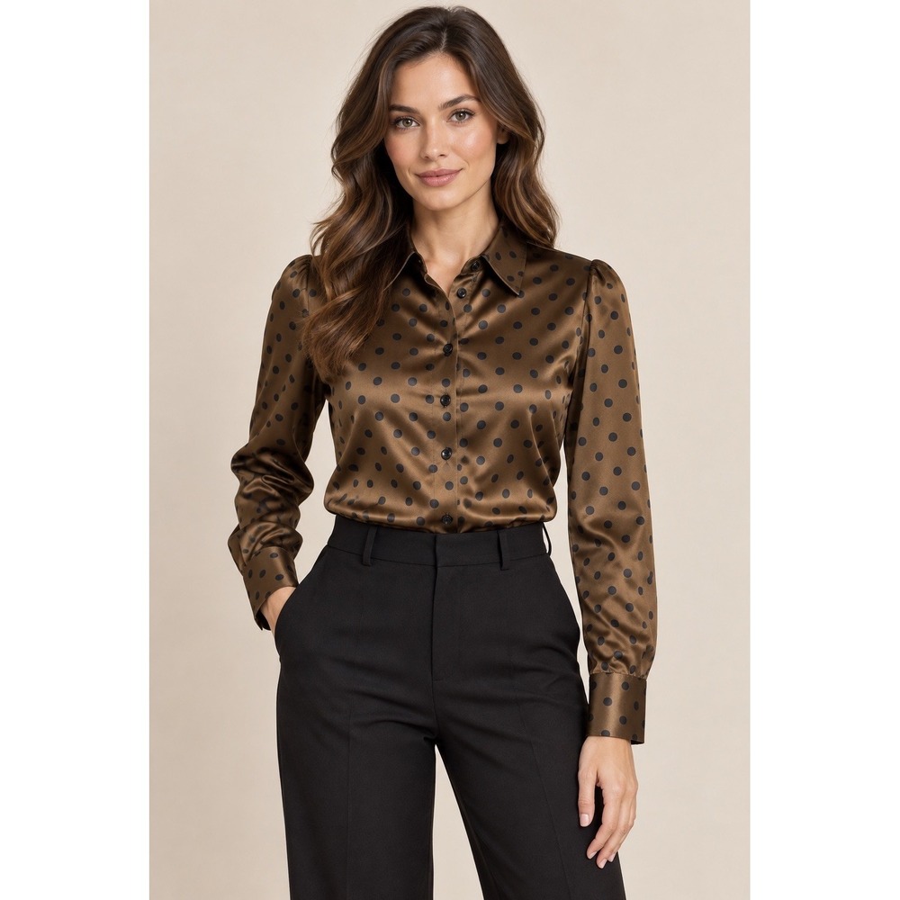 Reformation Women's 100% Silk Brown Black Polka Dot Button Down Blouse Size 4